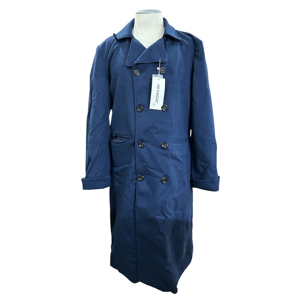 Invachi Mens Navy Blue Double Breasted Trench Overcoat Long Pea Coat Size L NEW
